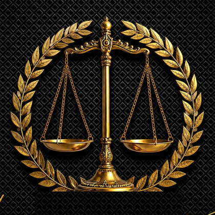 Emblema dourado com balança da Justiça e coroa de louros